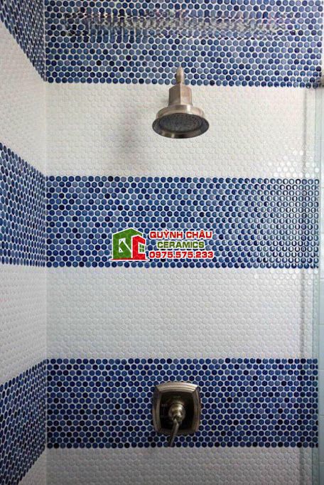 Gạch mosaic chấm bi tròn xanh dương bóng