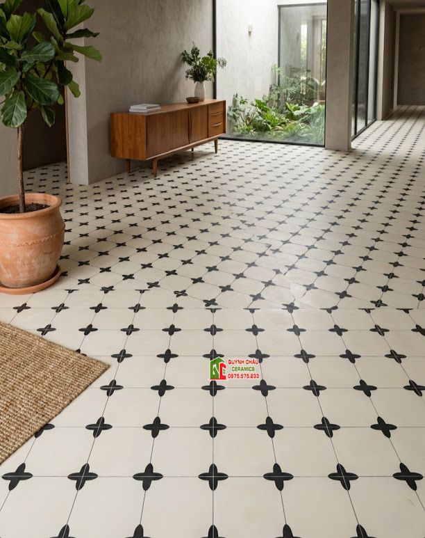 Gạch bông 40x40 trắng đen hoạ tiết hoa 4 cánh
