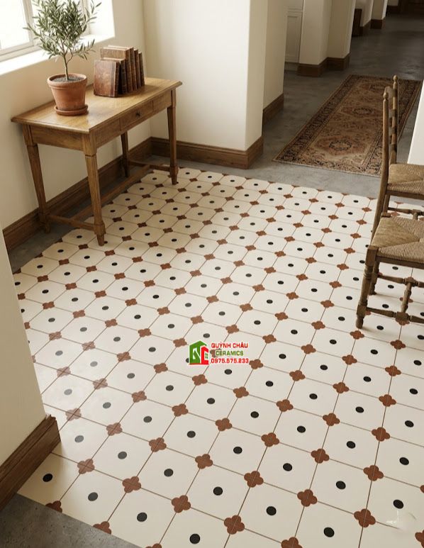 Gạch bông trung quốc 40x40 hoạ tiết kem nâu đen cổ điển