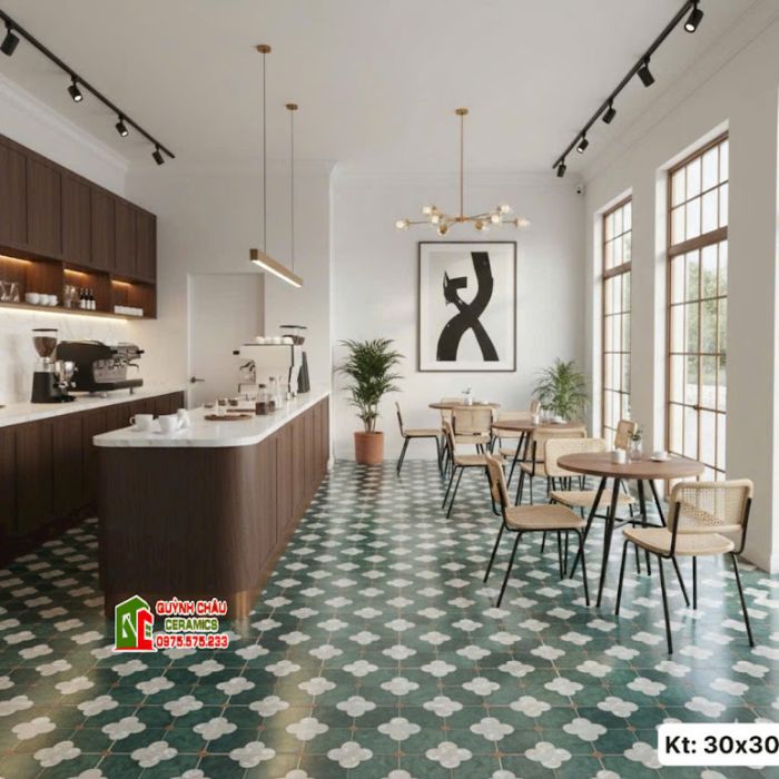 Gạch bông 30x30 hoa xanh nhuỵ hoa xám trắng