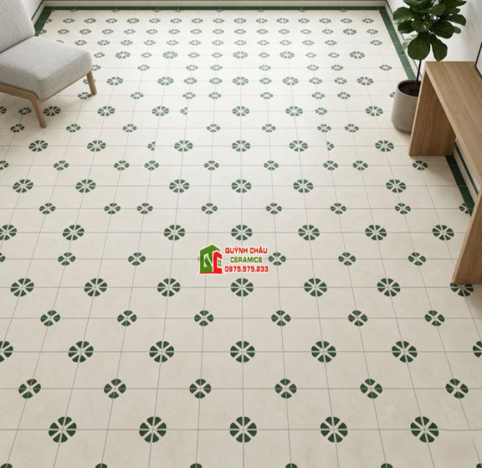 Gạch bông trắng kem 40x40 hoạ tiết hoa xanh