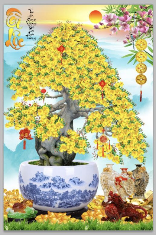 Tranh cây mai vàng kim tuyến theo hoạ tiết