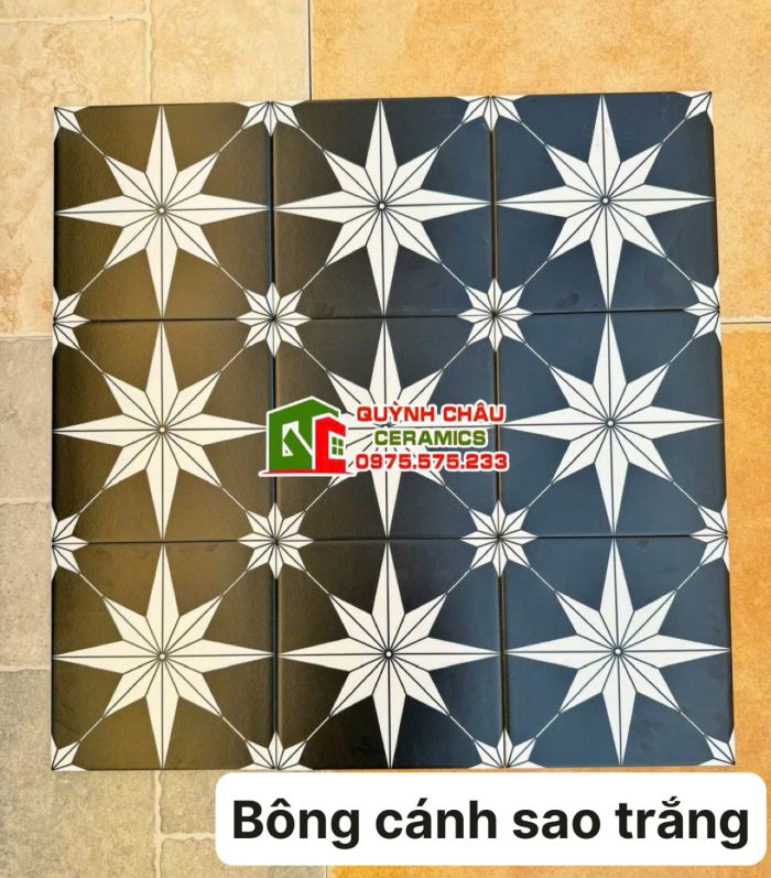 Gạch bông màu đen hoa văn cánh sao trắng 20x20 cm