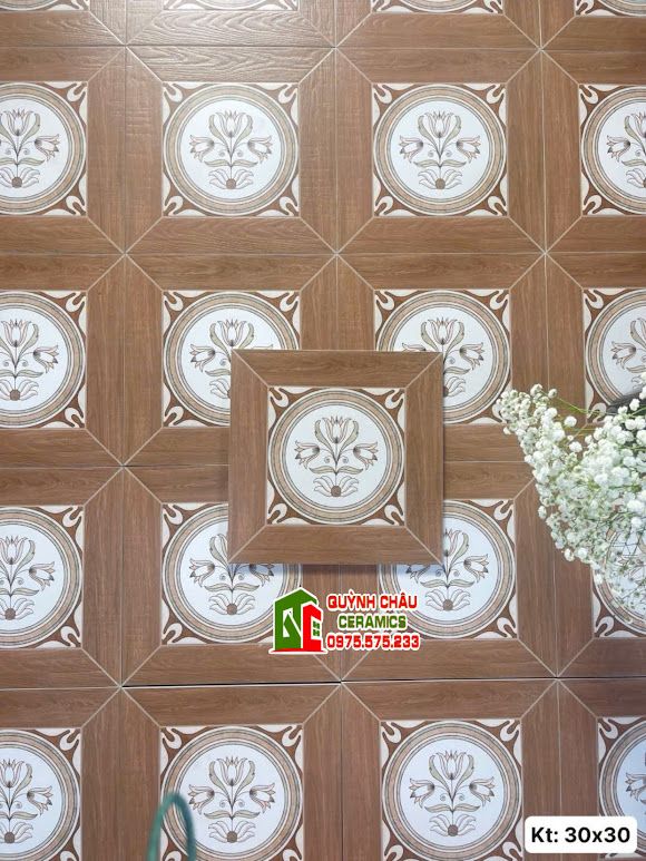 Gạch bông viền giả gỗ hoạ tiết cổ điển 30x30cm     