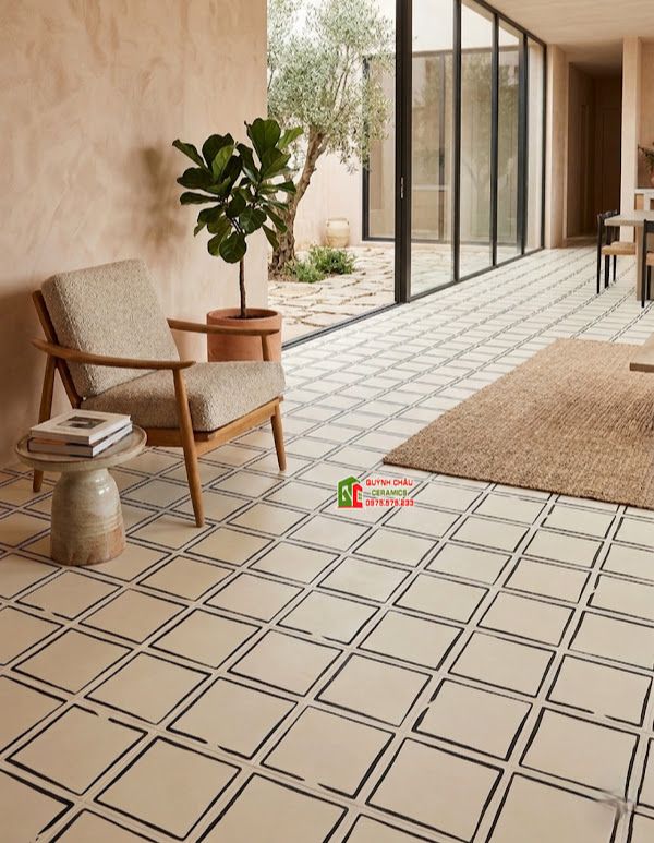 Gạch bông 40x40 hoạ tiết ô vuông trắng kem viền đen            