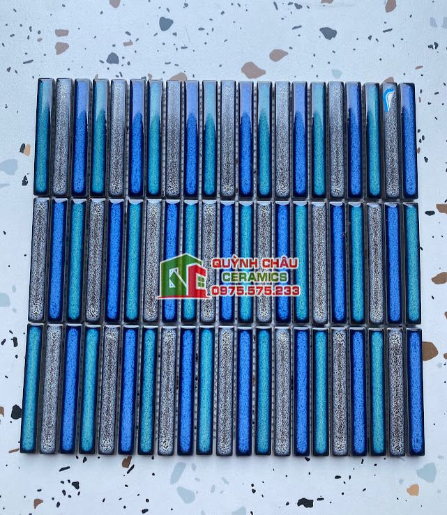 Gạch mosaic que đũa mix màu xanh men rạn