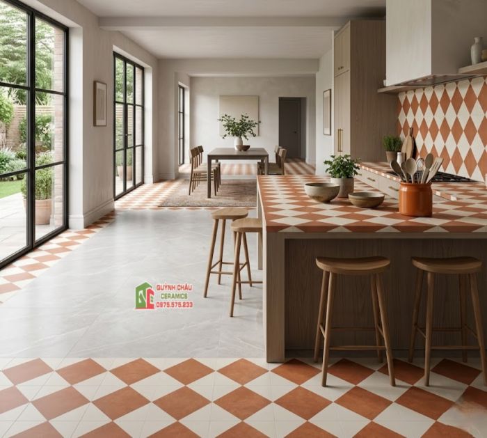 Gạch bông 40x40 caro đỏ trắng hoạ tiết hình học      