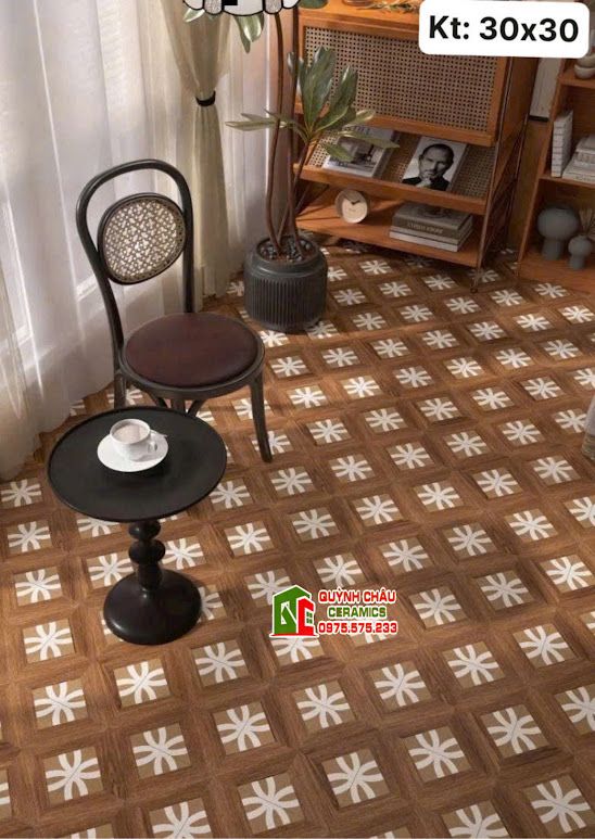 Gạch bông 30x30 hoạ tiết vân gỗ hoa trắng hình tròn đối xứng