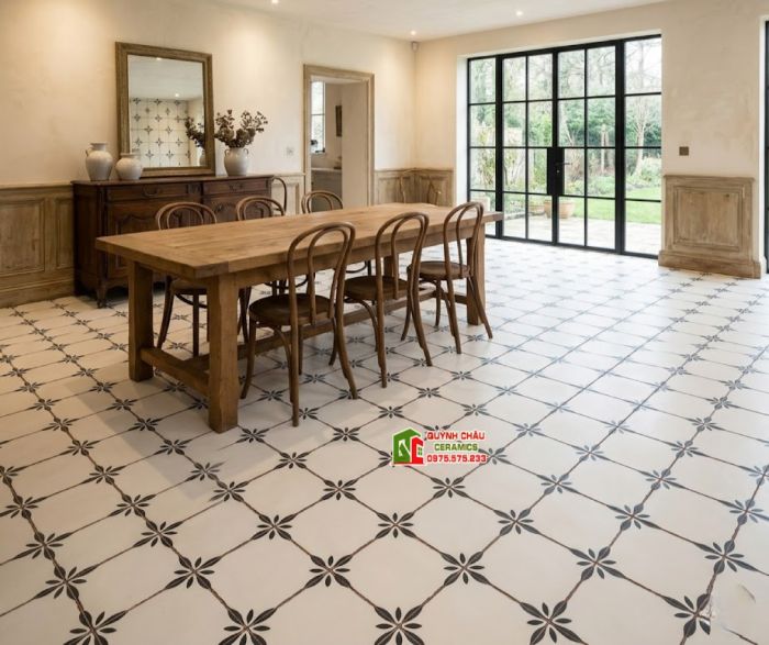 Gạch bông lát nền 40x40 hoạ tiết cánh hoa đen nền trắng kem