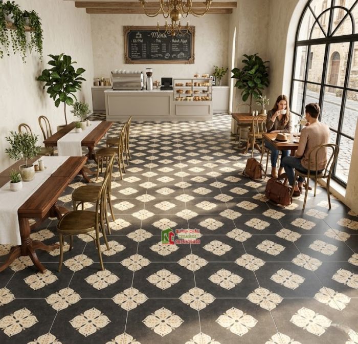 Gạch bông giả cổ điển 40x40 hoạ tiết màu đen kem đối xứng
