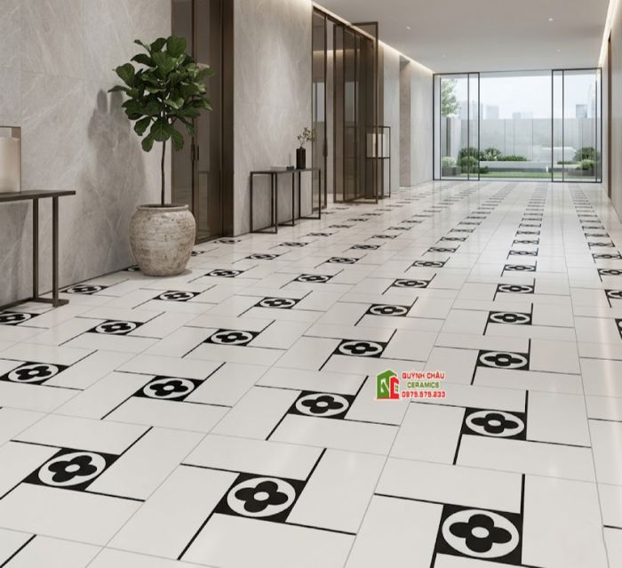 Gạch bông 40x40 hoạ tiết giả thẻ trắng nhấn hoa đen     