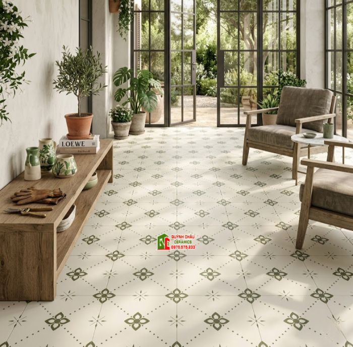 Gạch bông xương đá 40x40 hoạ tiết hoa đối xứng trắng xám