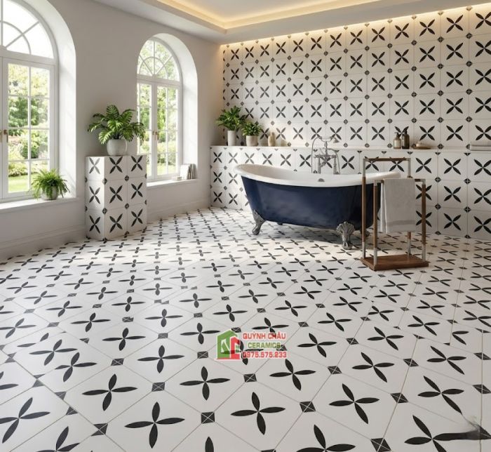 Gạch bông 40x40cm nền trắng cánh hoa đen tối giản            