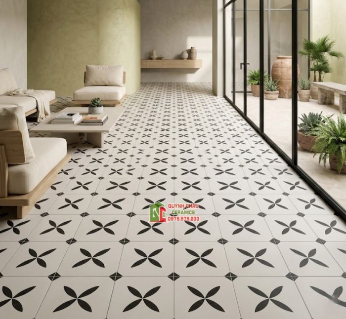 Gạch bông 40x40cm nền trắng cánh hoa đen tối giản            