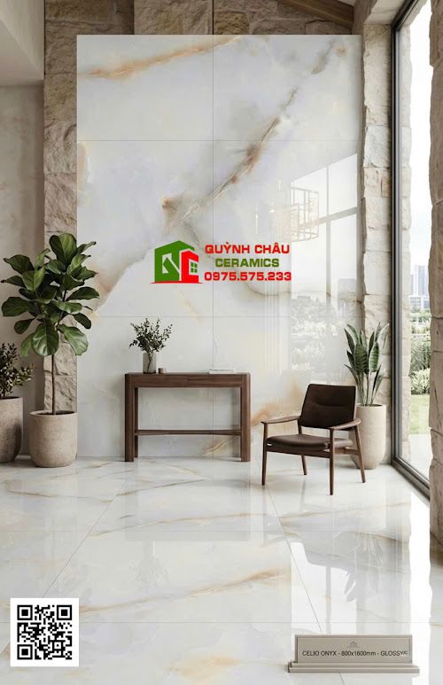 Gạch ốp lát 80x160 vân đá Onyx kem vàng nâu nhạt 