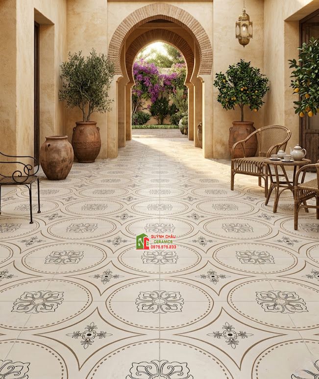 Gạch bông đá porcelain 40x40 hoạ tiết phong cách indochine
