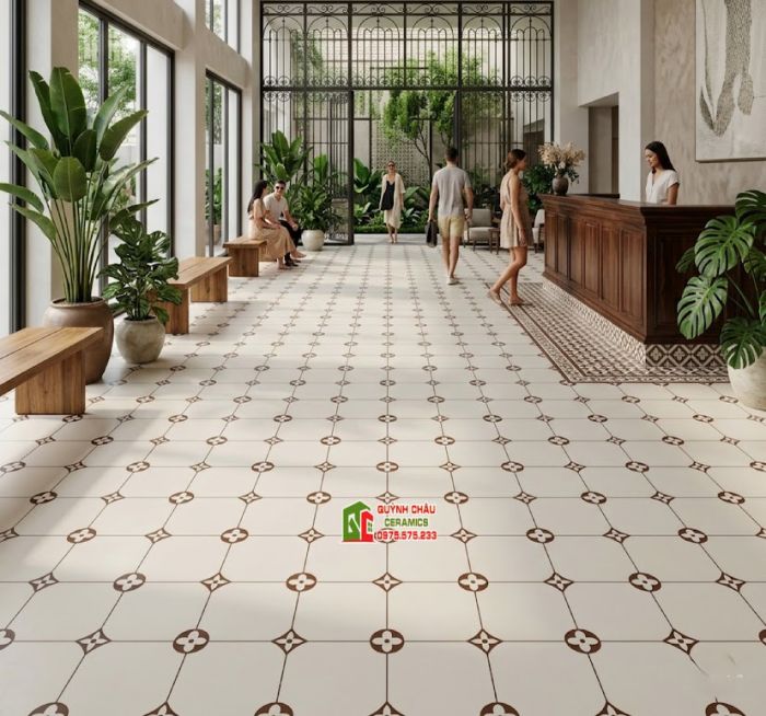 Gạch bông ốp lát 40x40 hoa văn cổ điển màu nâu kem