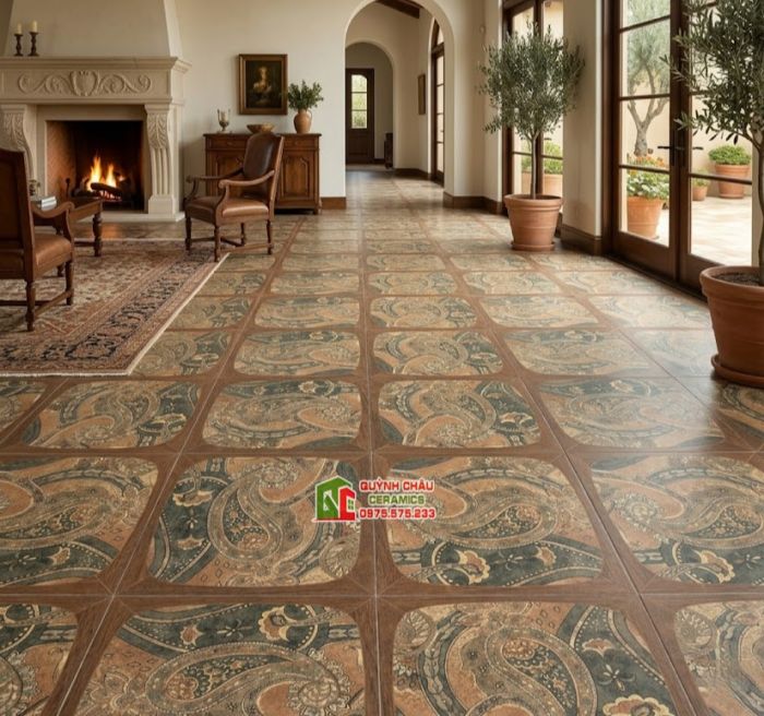 Gạch bông ốp lát 40x40 hoạ tiết Paisley viền khung gỗ cổ điển