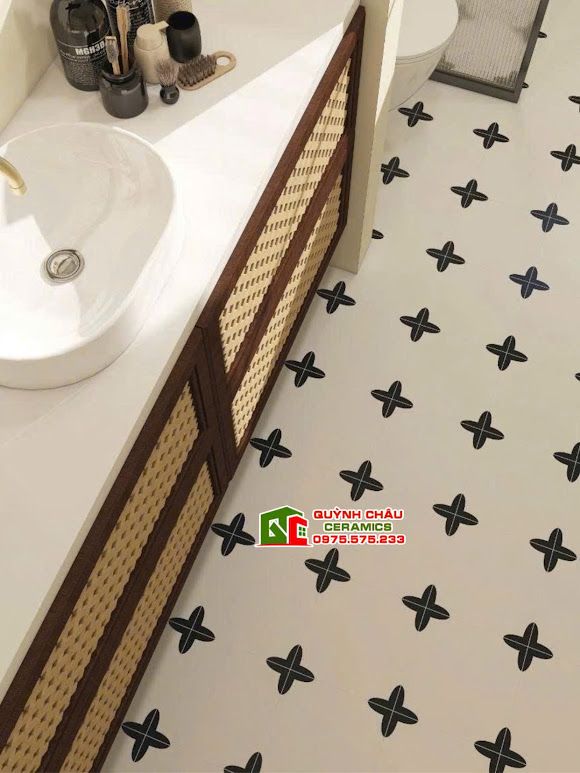 Gạch bông 30x30 giả cổ hoa đen màu kem trắng ngà