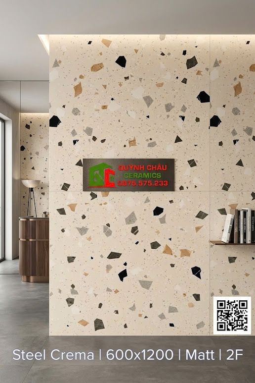 Gạch Terrazzo 60x120 mờ màu kem vân đá hạt to
