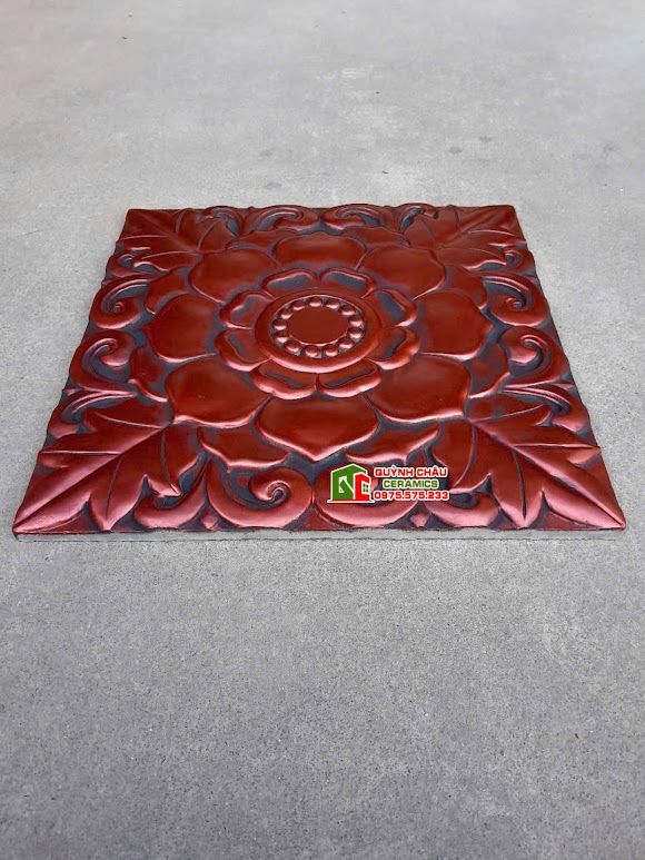 Gạch trang trí 40x40 họa tiết bông hông đỏ mận đậm giả cổ