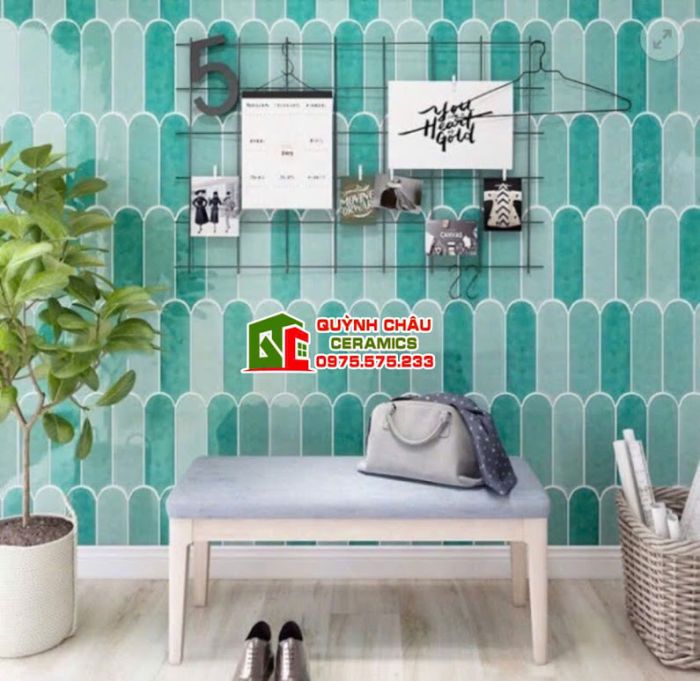  Gạch thẻ lông vũ màu xanh ngọc gợn sóng