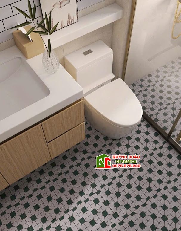 Gạch 30x30 bông cổ điển hình học xanh trắng xám