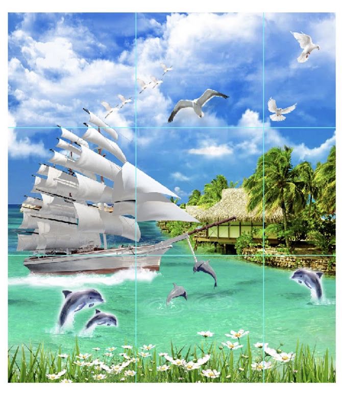 Gạch tranh chủ đề thuyền buồm hươu vàng