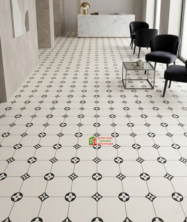 Gạch bông lát nền 40x40 trắng đen hoa văn đối xứng