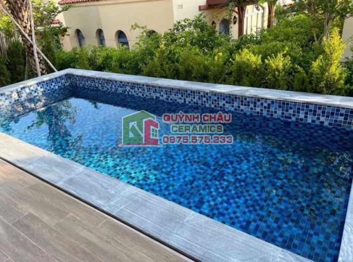 Gạch mosaic hồ bơi xanh men rạn mix màu