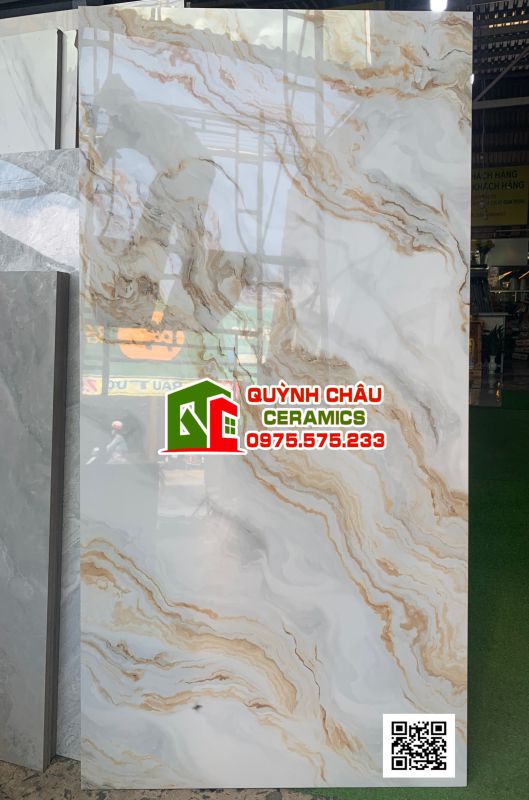 Gạch ốp lát 60x120 màu trắng vân đá họa tiết sóng vàng siêu bóng