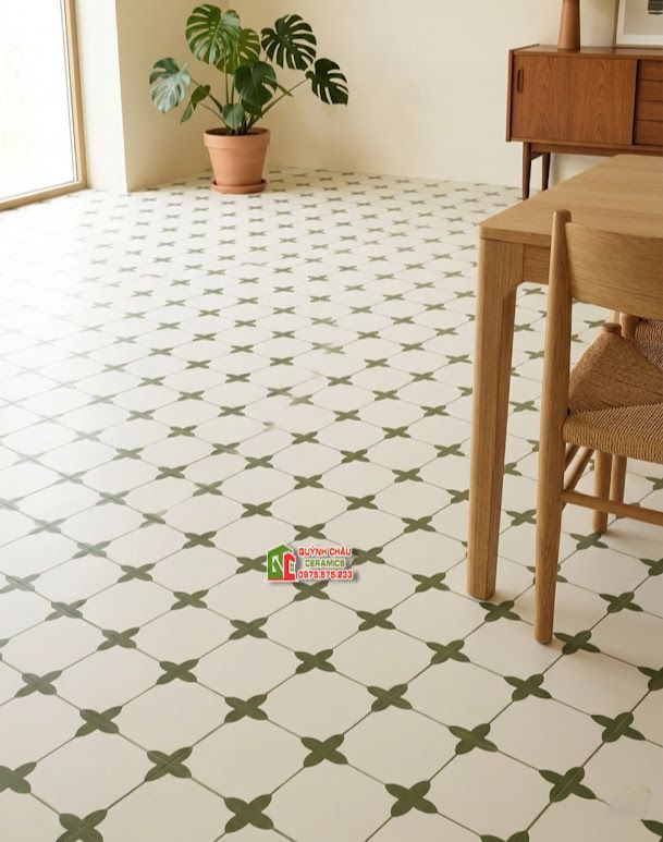 Gạch bông 40x40 nền trắng cánh hoa màu xanh rêu           