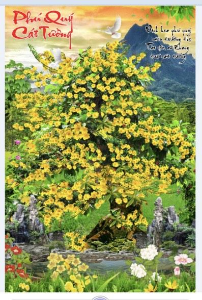Tranh kính cây hoa mai vàng chữ phúc
