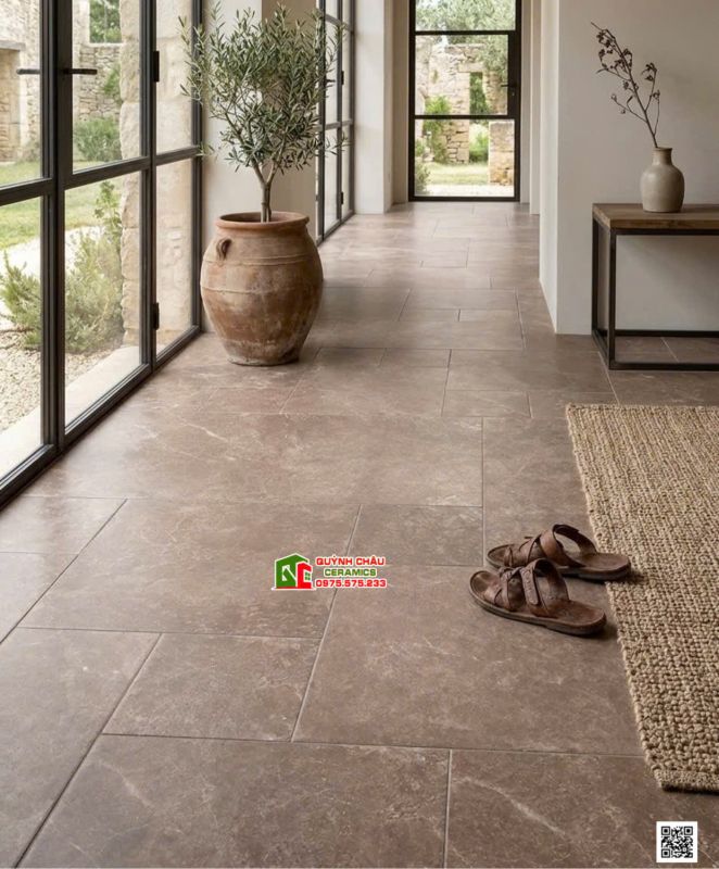 Gạch xương đá porcelain giả cổ phối nhiều kích thước màu nâu mờ hiệu ứng