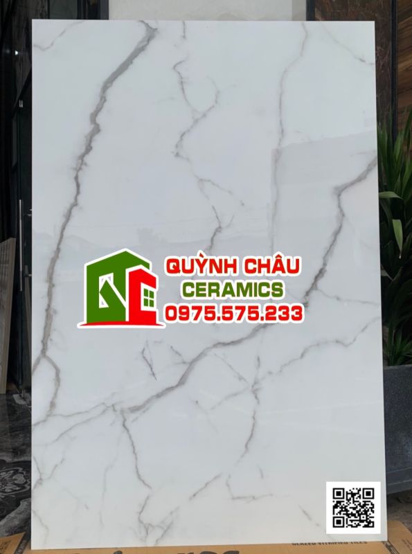 Gạch ốp lát trắng vân khói 120x180 bóng kiếng ấn độ