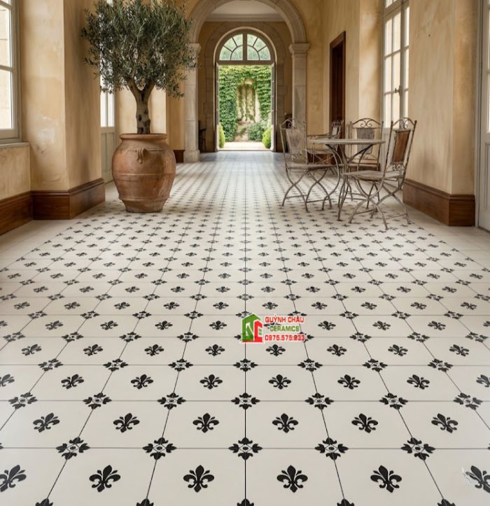 Mẫu gạch bông hoa văn đen đối xứng nền trắng 40x40cm