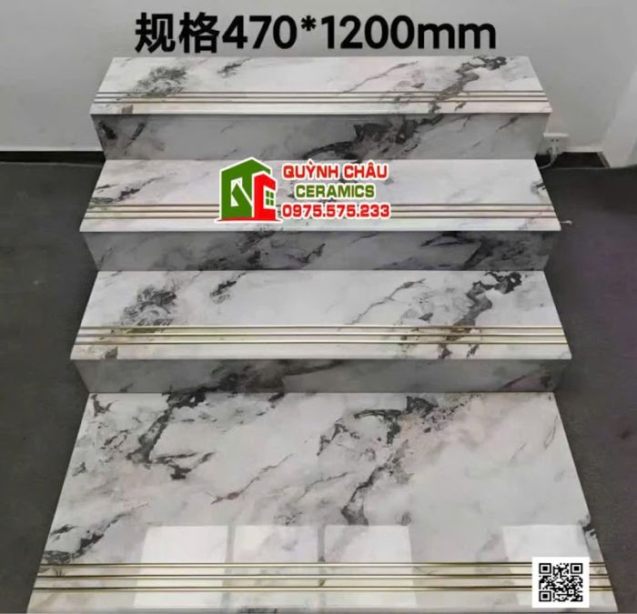 Gạch lát cầu thang nhũ vàng 47x120 trắng vân đá