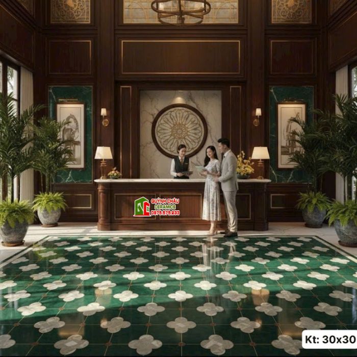 Gạch bông 30x30 hoa xanh nhuỵ hoa xám trắng