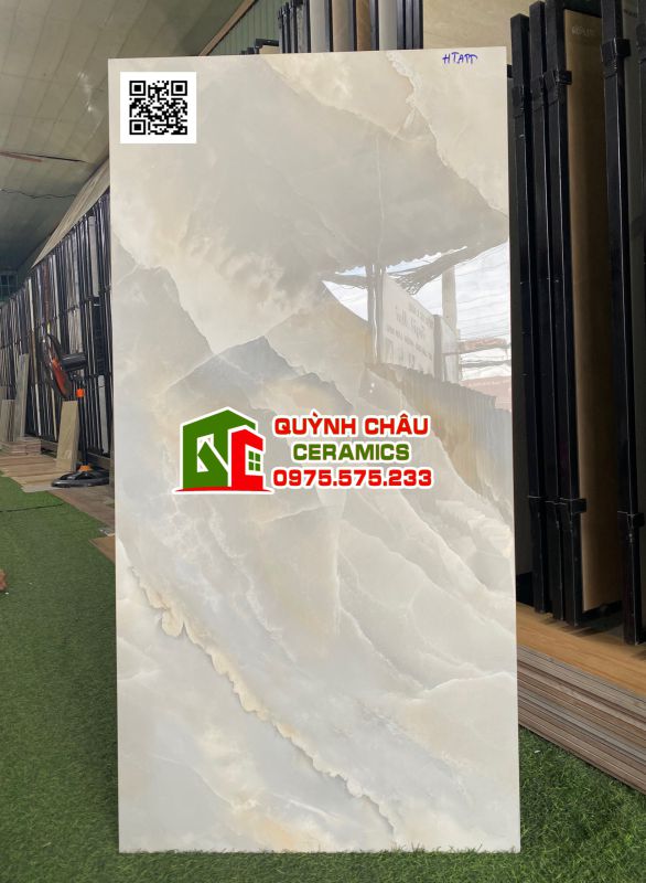 Gạch ấn độ 600x1200 vân đá onyx xanh nhẹ bóng kiếng