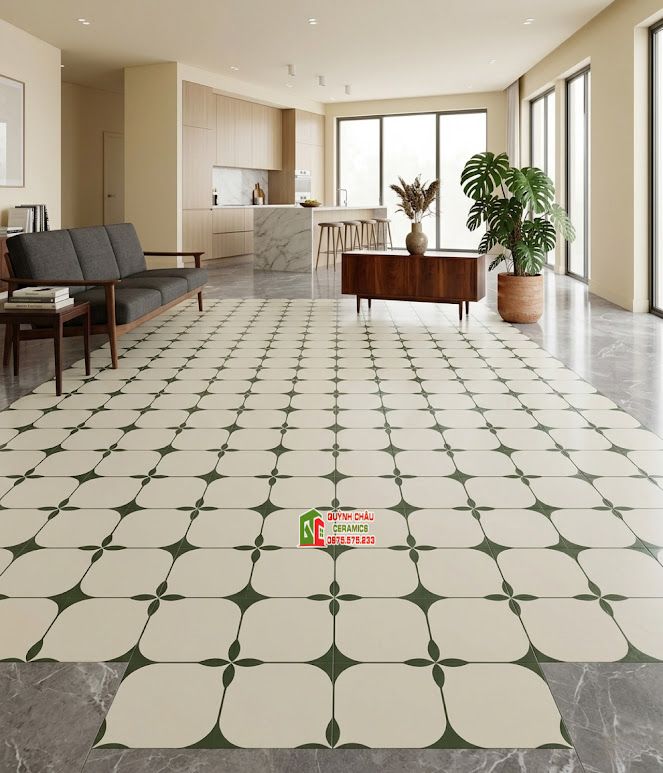 Gạch bông trắng hoa văn xanh 40x40cm