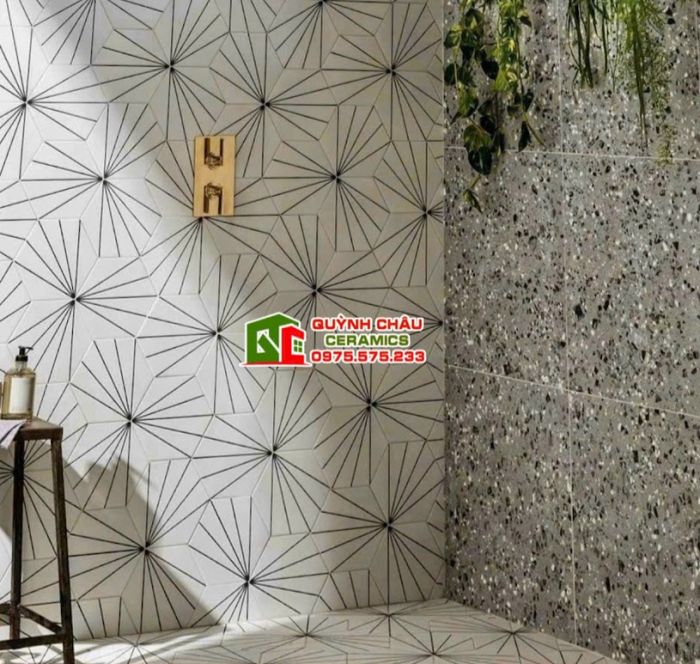 Gạch lục giác 5 tia cánh quạt màu ghi xám đen trắng