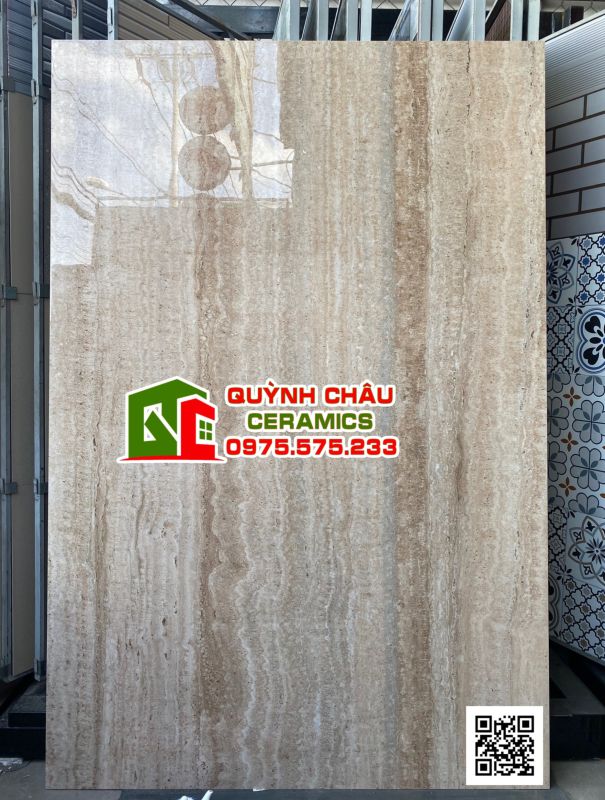 Gạch nhập khẩu ấn độ 120x180 vân đá sọc Travertine màu nâu nhạt siêu bóng