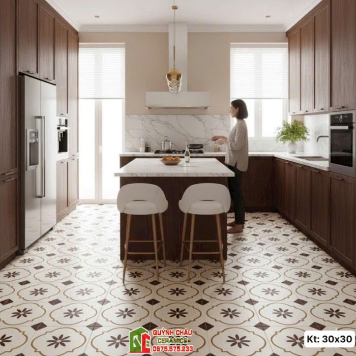 Gạch bông cổ điển 30x30 màu trắng kem nâu be