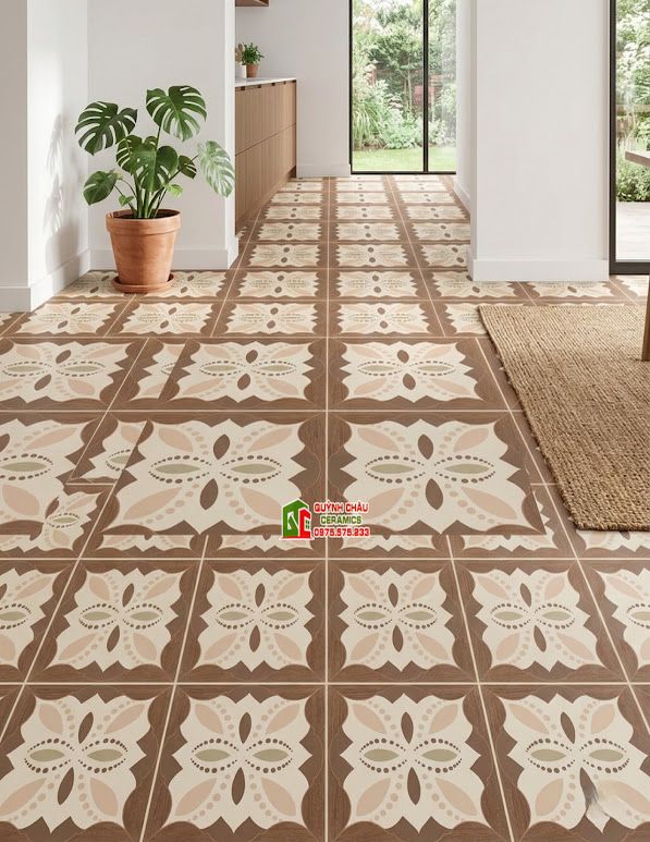 Gạch bông trang trí 40x40 hoạ tiết viền gỗ nâu kem sang trọng