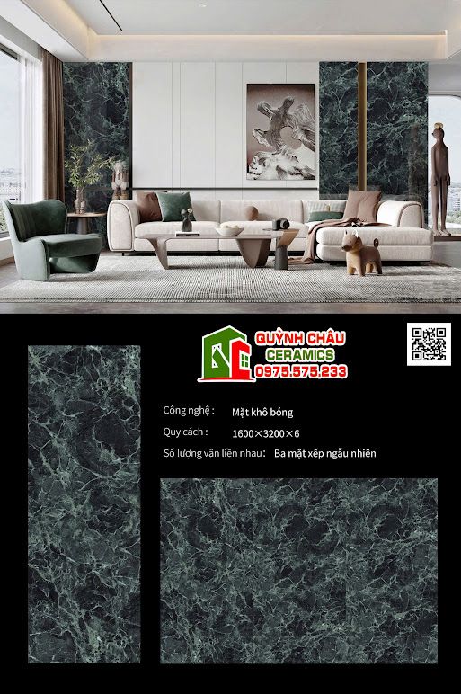 Đá nung kết 160x320cm vân đá xanh lá bóng kiếng