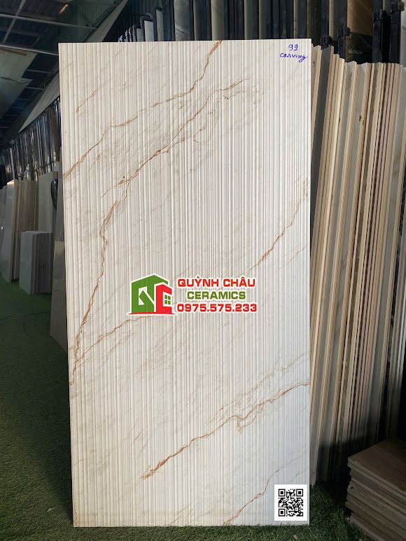Gạch 60x120 carving mờ trắng kem vân nâu gân sần Decor