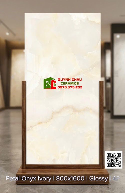 Gạch ấn độ 80x160 vàng kem nhạt vân đá Onyx bóng kiếng