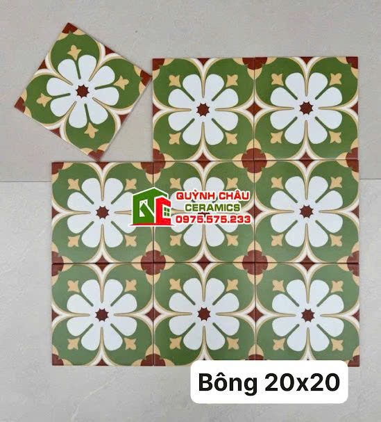 Gạch bông 20x20 hoạ tiết xanh lá phối hoa mai trắng