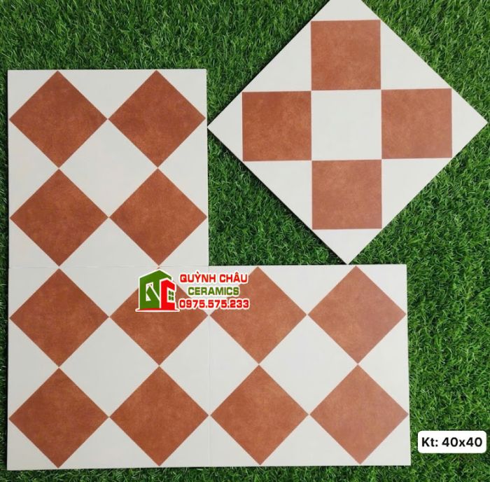 Gạch bông 40x40 caro đỏ trắng hoạ tiết hình học      