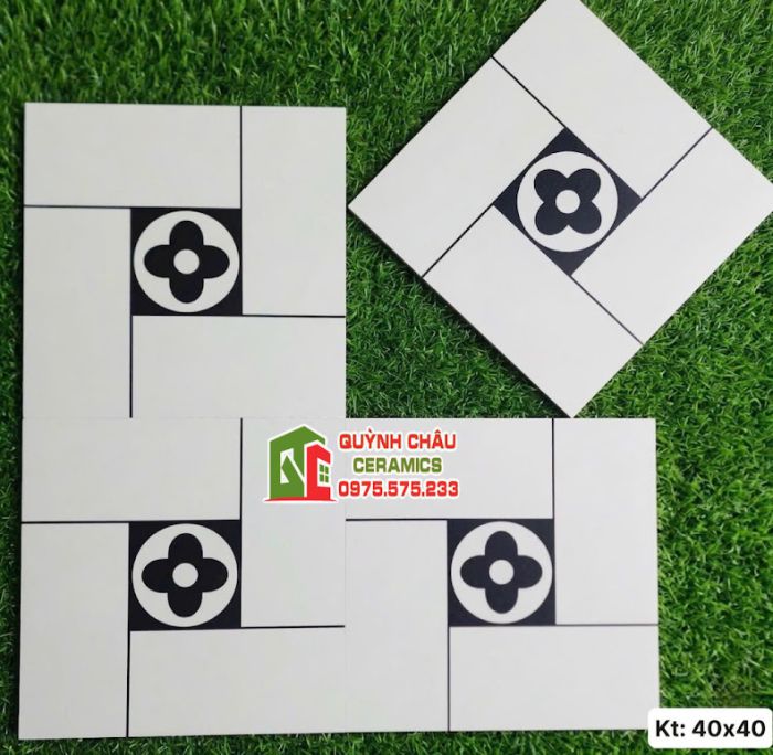 Gạch bông 40x40 hoạ tiết giả thẻ trắng nhấn hoa đen     